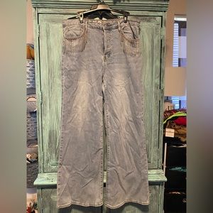 Wide Leg Light Wash Jeans with Jeweled Pockets